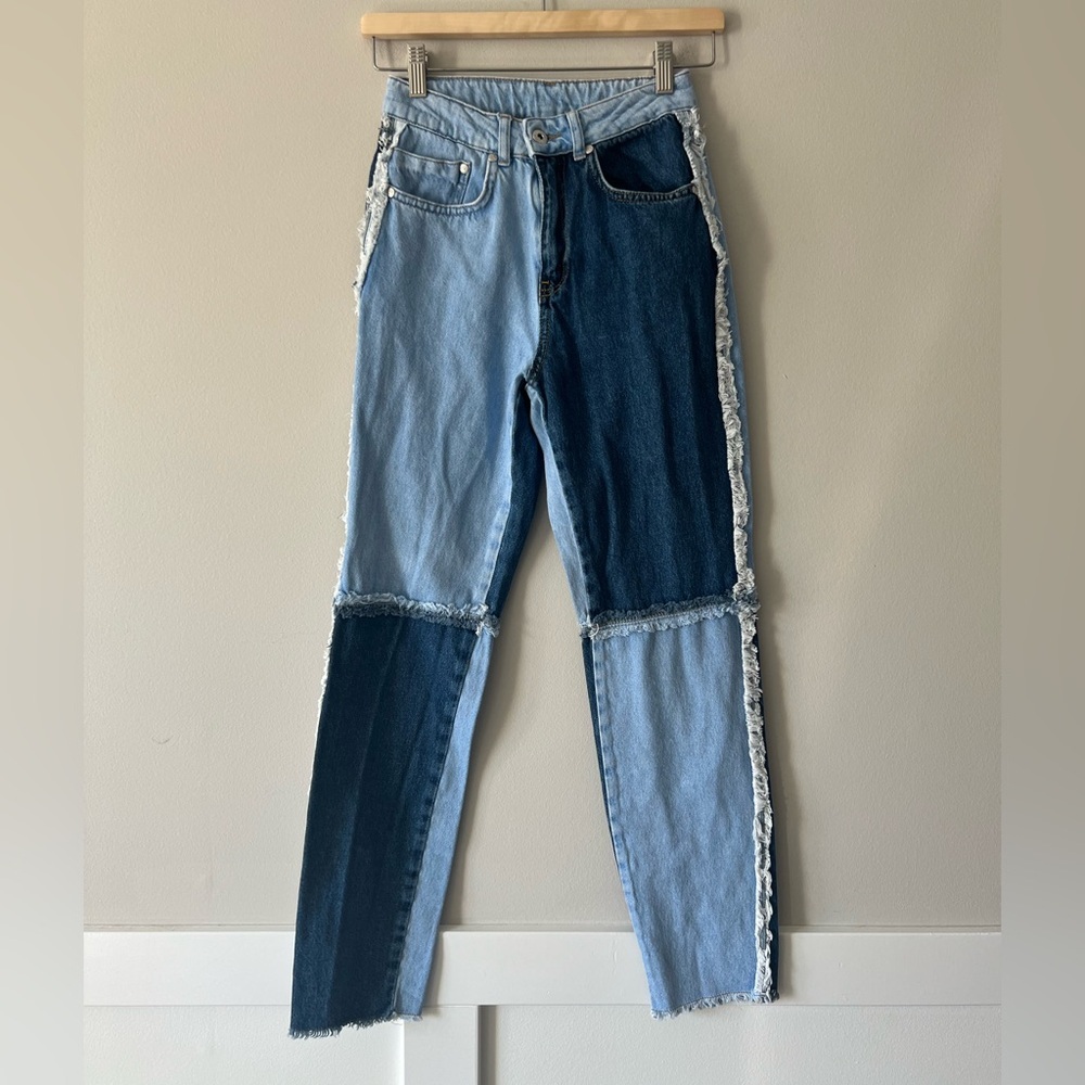 The Ragged Priest Patchwork Two-Tone Straight Leg Jeans Size 24 Y2K Grunge Indie